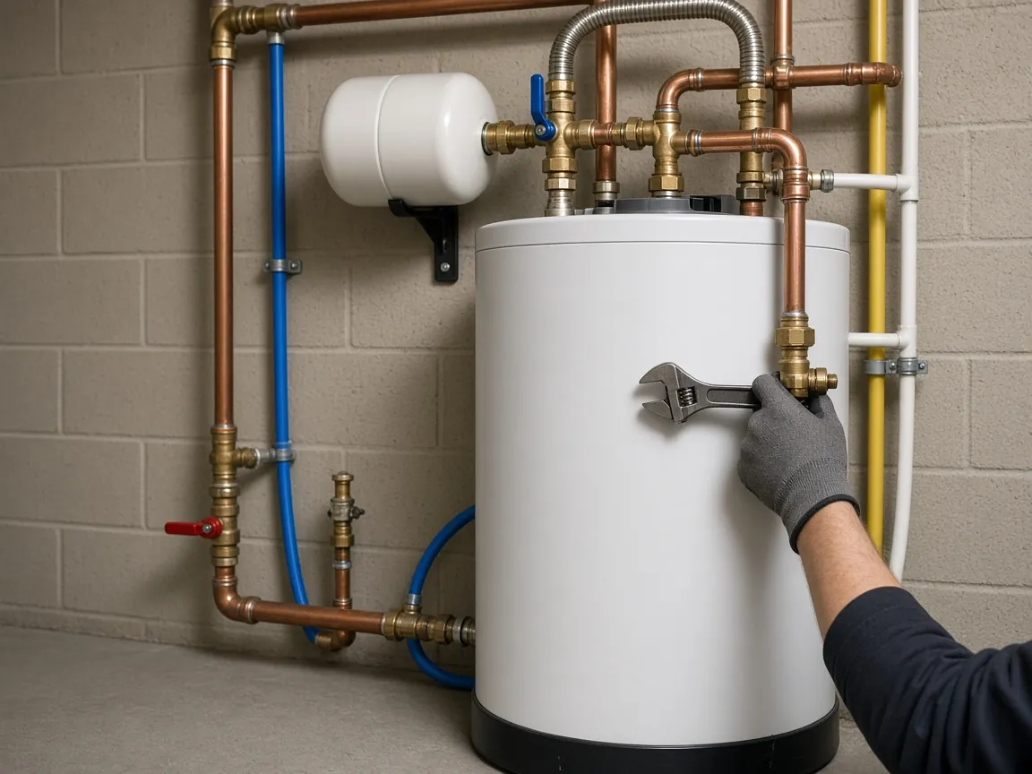 Technician tightening a fitting on a newly installed water heater with copper pipes and an expansion tank
