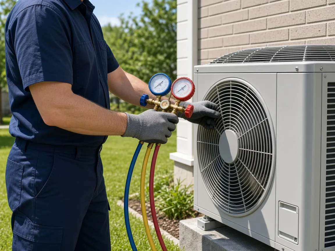 Technician checking refrigerant pressure on an outdoor air conditioner with a gauge manifold