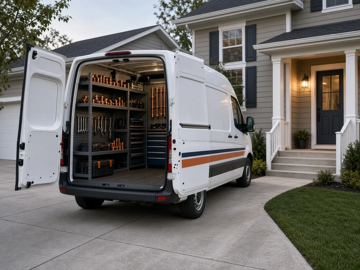 White service van with open rear doors showing organized tool shelves, parked in a suburban driveway